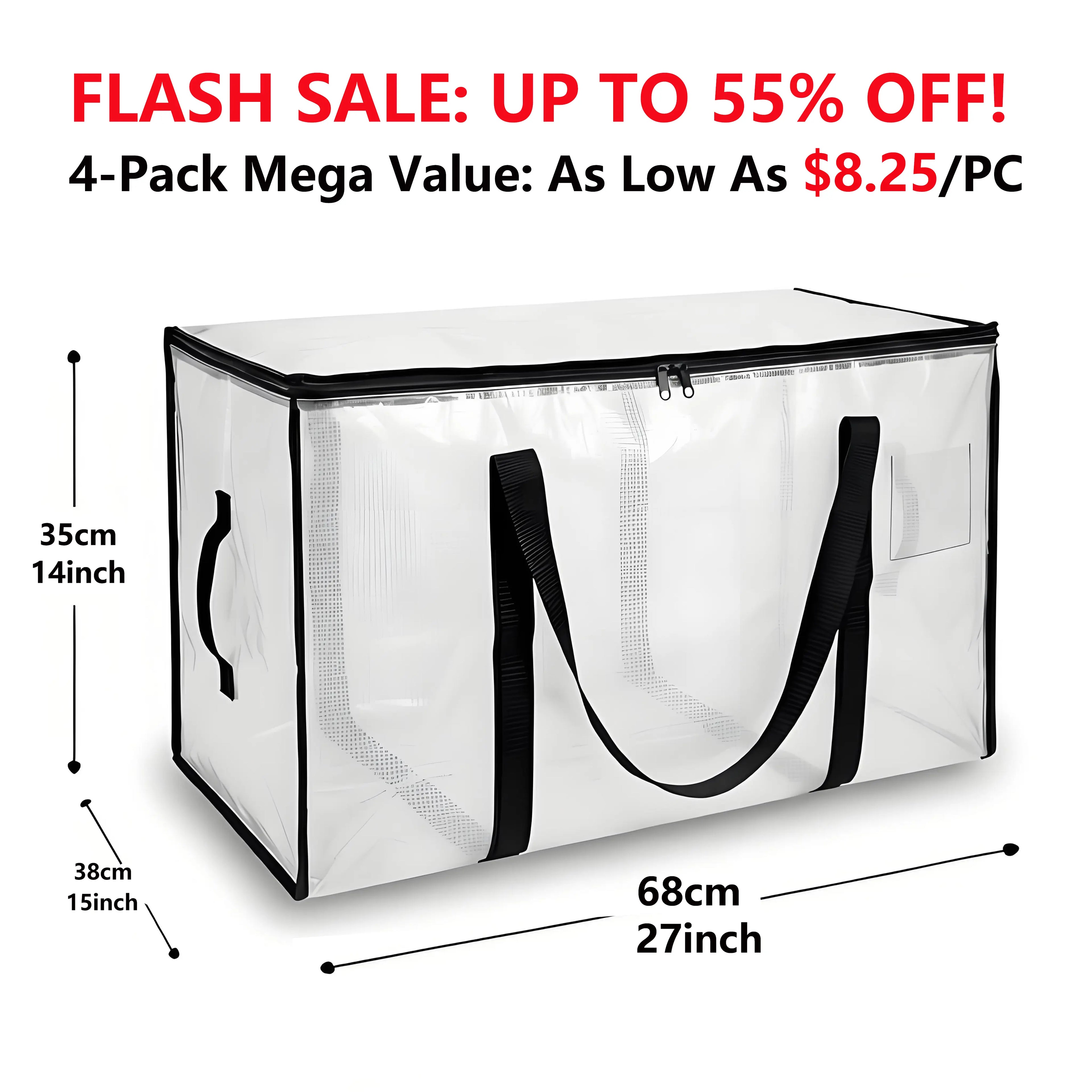Heavy Duty Storage Bag 88L Waterproof Moving Tote with Handles Translucent Closet Organizer for Comforters Clothes Internal Frame Backpacks 1/2/3/4 Pack Space Saving Bags Fitting